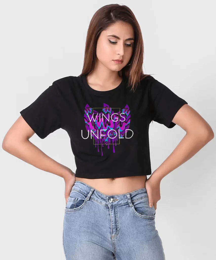 Black-Crop-Top-for-Women-print-with-wings-unfold