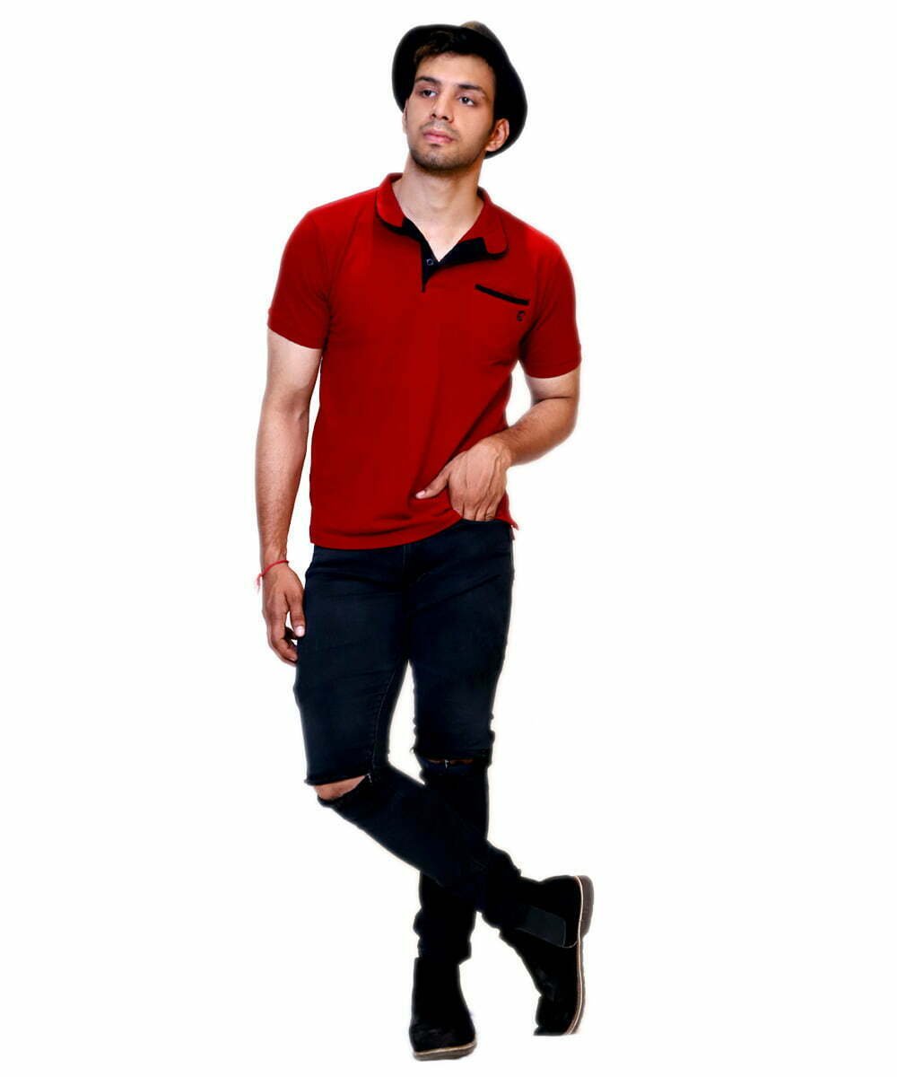 polo collar with t shirt and pocket-of-maroon-and-black-color