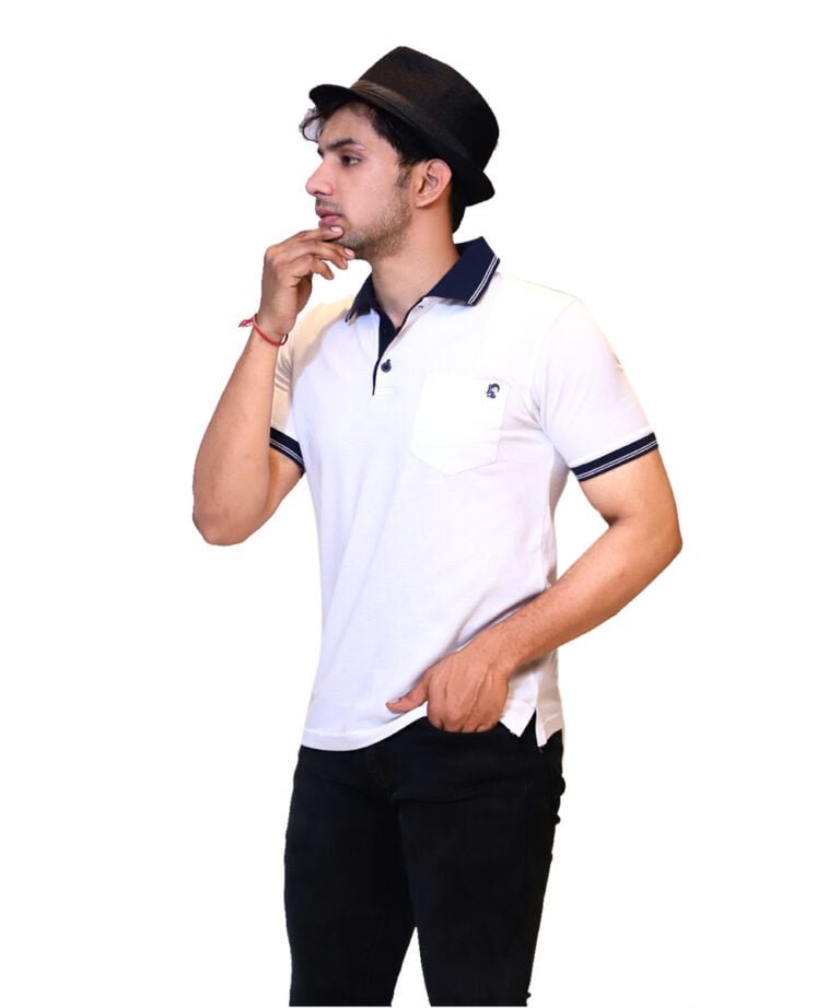 Shop White Pocket Polo With Blue Collar T Shirt For Men - Aly&Val