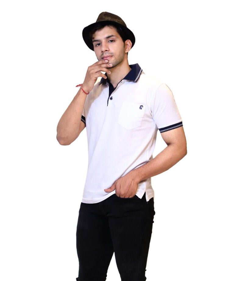 Shop White Pocket Polo With Blue Collar T Shirt For Men - Aly&Val