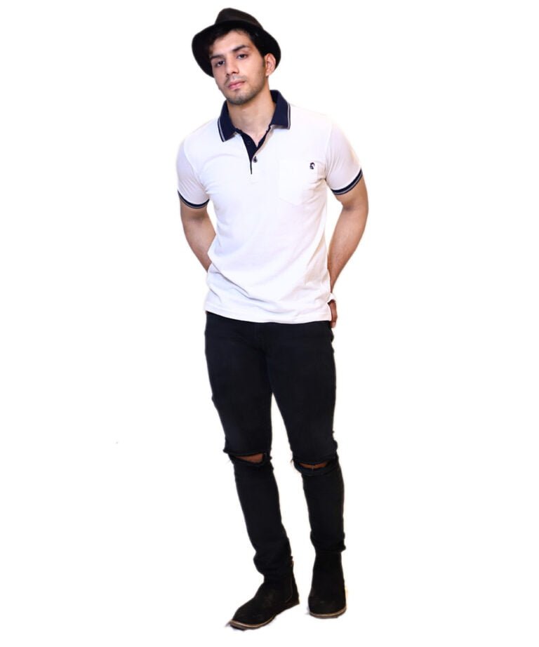 Shop White Pocket Polo With Blue Collar T Shirt For Men - Aly&Val