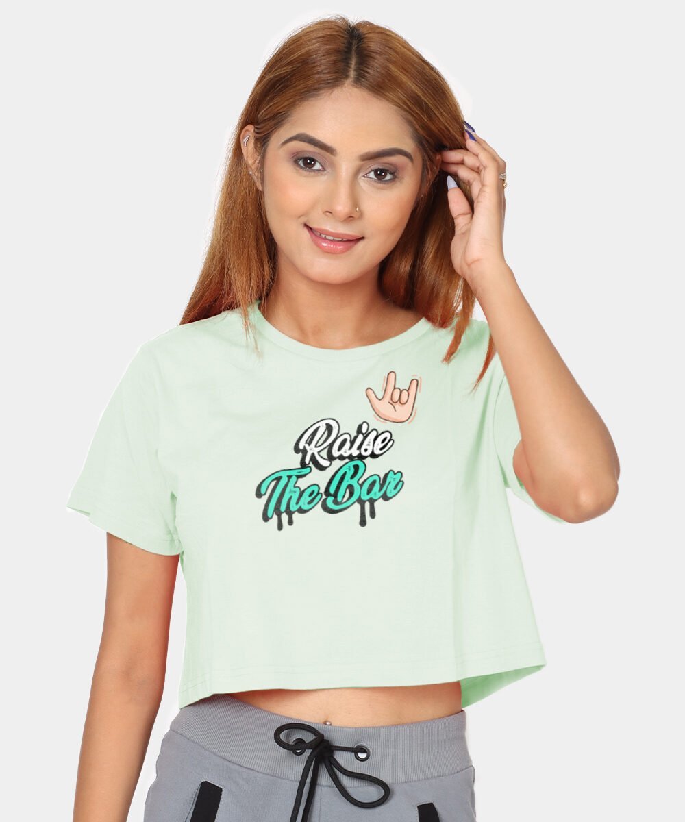 Pastel-green-crop-top-with-statement-print-raise-the-bar