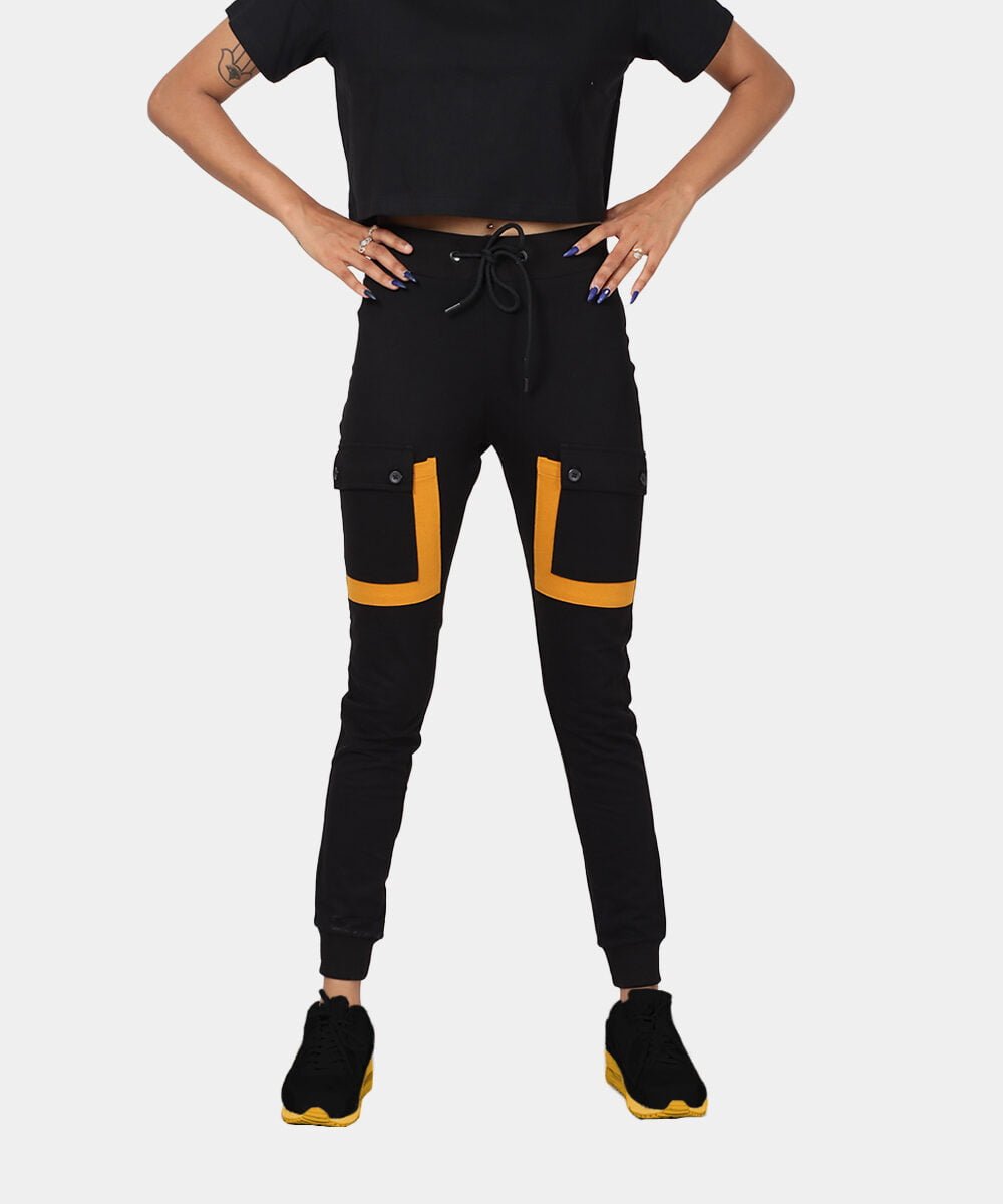 black-jogger-pants-womens-with-yellow-pocket-lining-front-view