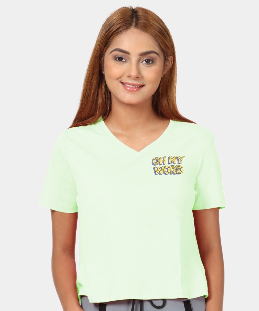 womens-deep-v-neck-tops-light-green-color-with-print-on-front