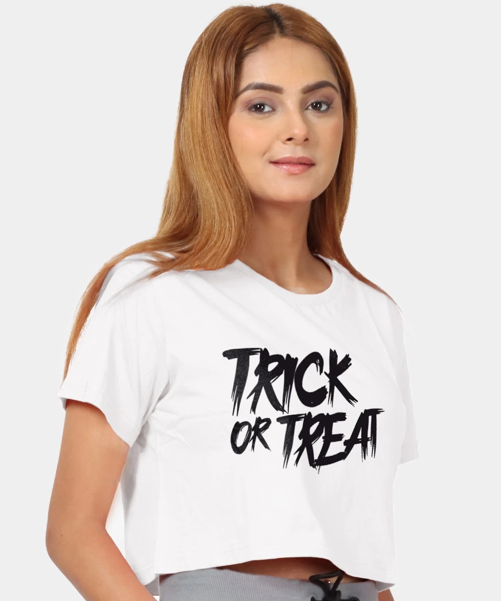 womens-white-crop-top-with-statement-print-trick-or-treat-front-side