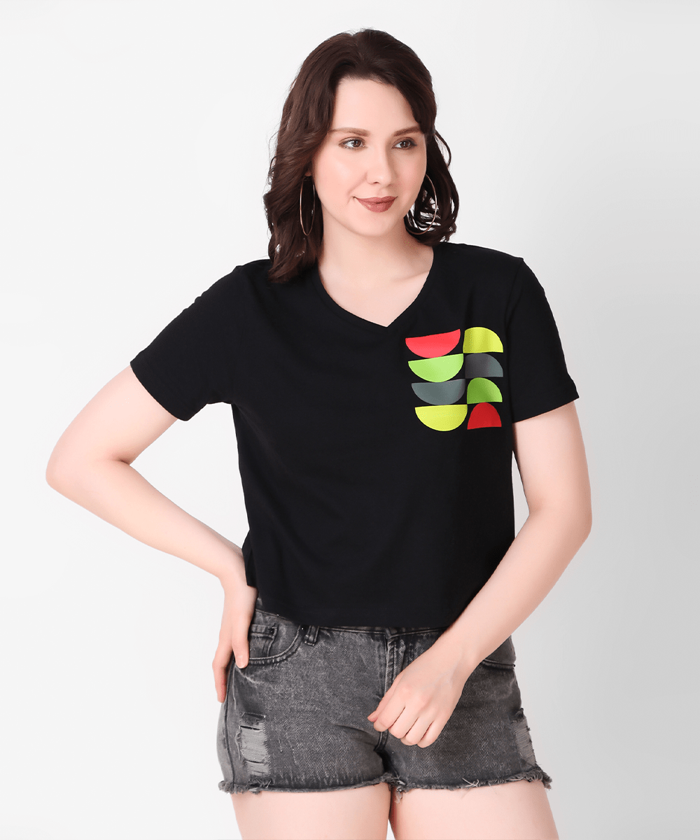 black-colour-women's v neck t shirts-with-print-loose
