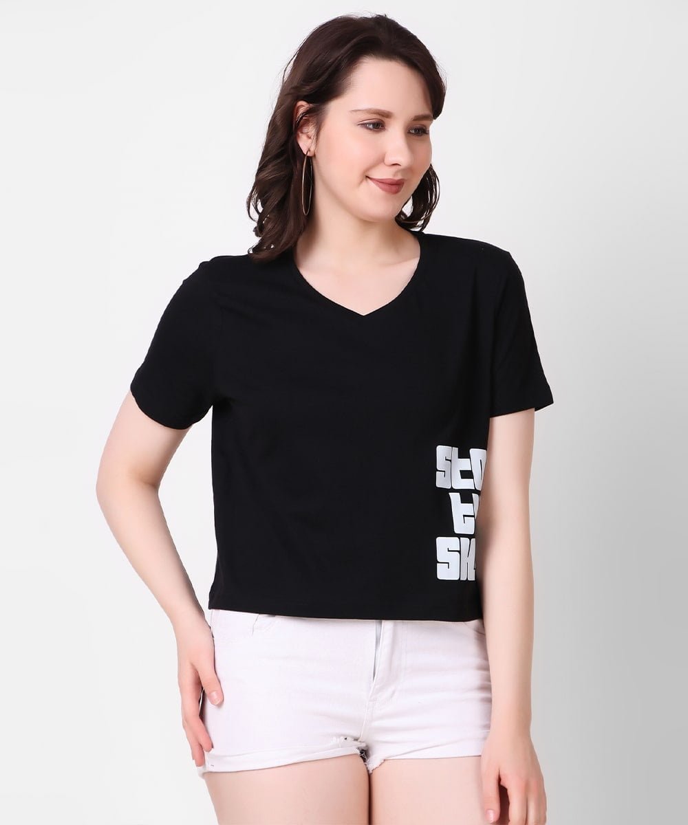 Black-v-neck-top with-text-print-on-front-with-short-sleeves