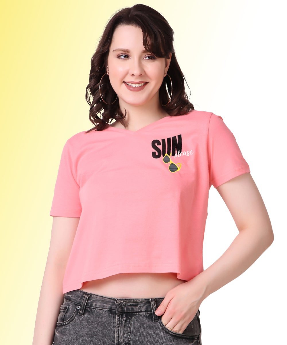 pink women's v neck tee-with-sun-print
