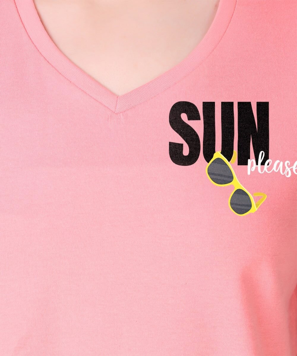 pink women's v neck tee-with-sun-and-shades-print