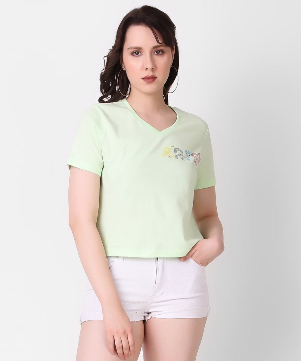 ladies-light-green-v-neck-tops-with-print-front-view