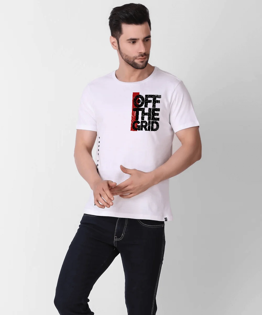 White Printed T Shirt for Men-off-the-grid-text
