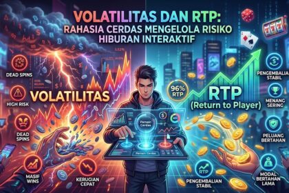 Infografis split-screen futuristik yang membandingkan Volatilitas dan RTP dalam iGaming, menampilkan sisi risiko tinggi dengan grafik jatuh dan sisi pengembalian stabil dengan grafik naik.