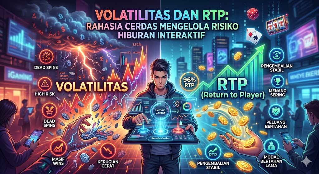 Infografis split-screen futuristik yang membandingkan Volatilitas dan RTP dalam iGaming, menampilkan sisi risiko tinggi dengan grafik jatuh dan sisi pengembalian stabil dengan grafik naik.